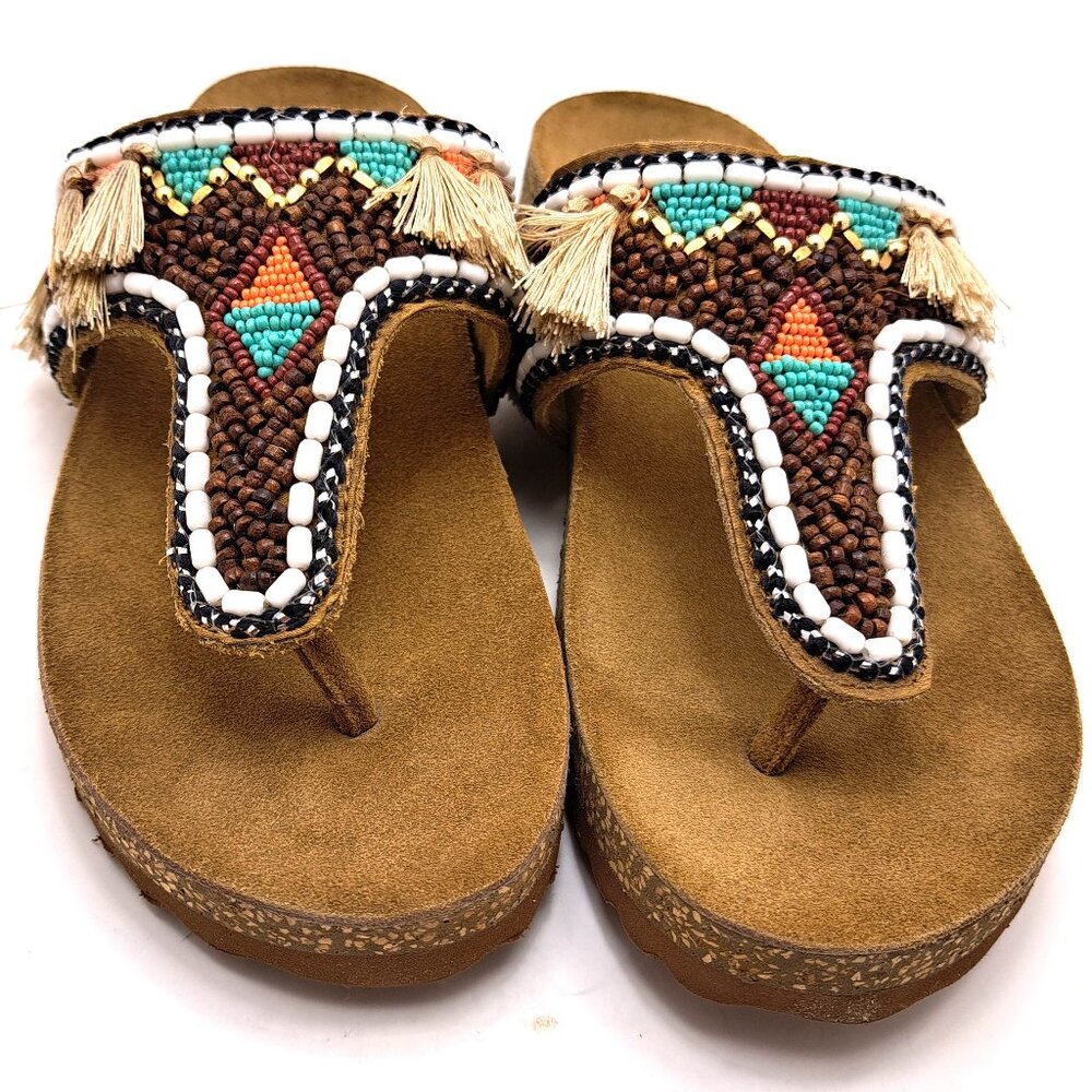 Torgeis Sandals Womens Atia Multi Colored Beaded LeatherThong Aztec -- Size 8